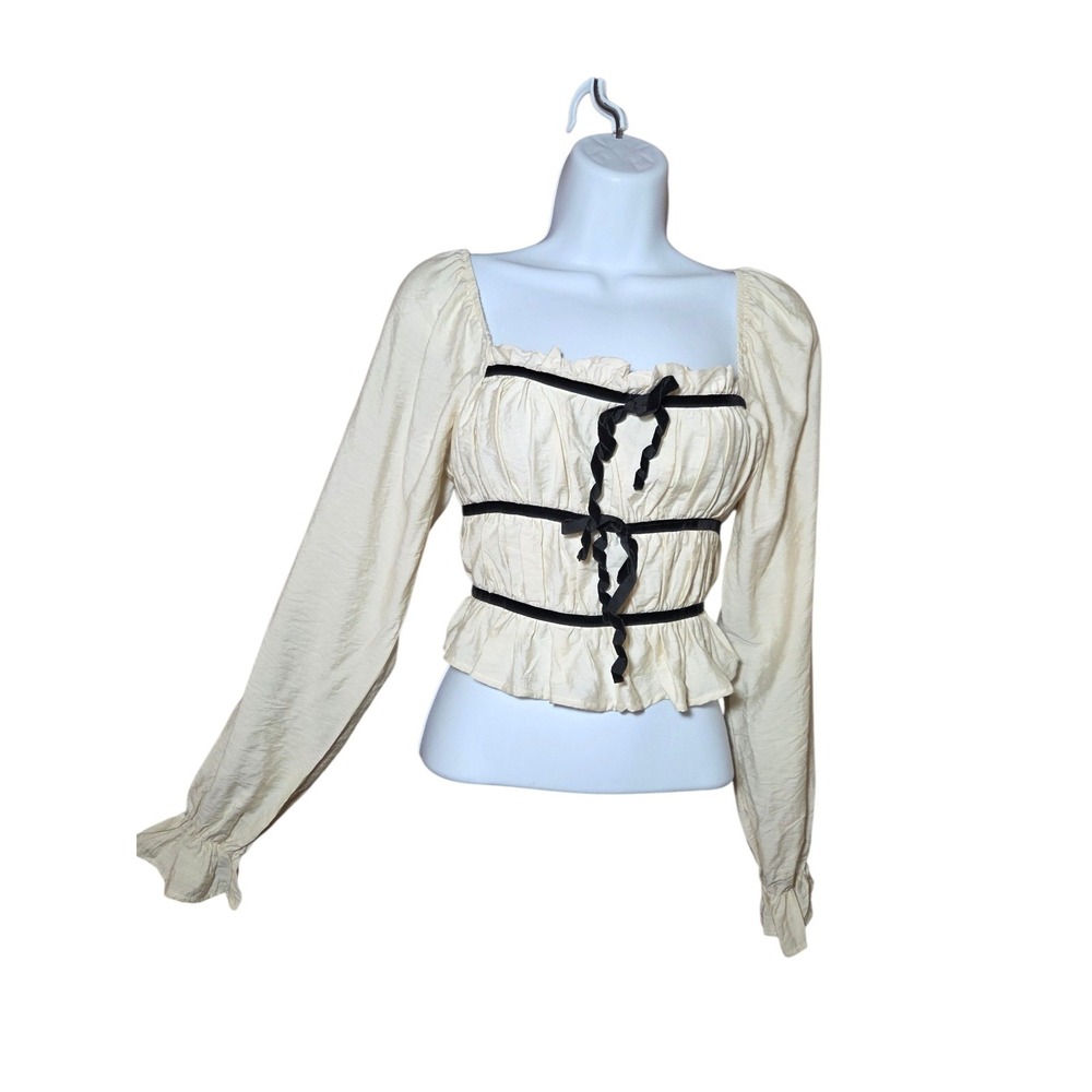 Ivory Corset Peasant Top Black Velvet Ribbon Crop LS Ruched S NWOT